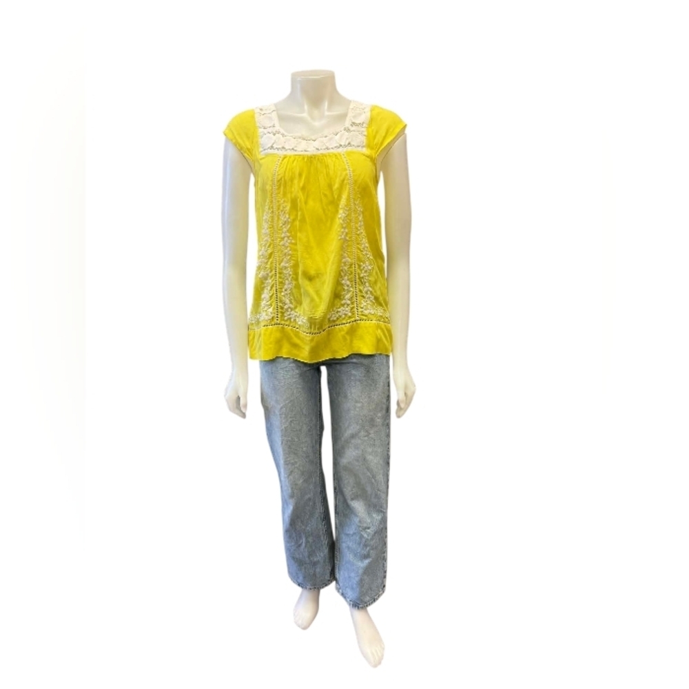 Anthropologie EUC Moulinette Soeurs Embroidered Peasant Yellow Top Size 0